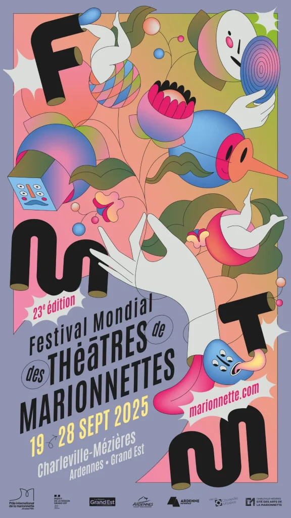 affiche du festival mondial des théâtres de marionnettes de Charleville-Mézières 2025 - Campagne meta ADT des Ardennes et Atout France Belgique
