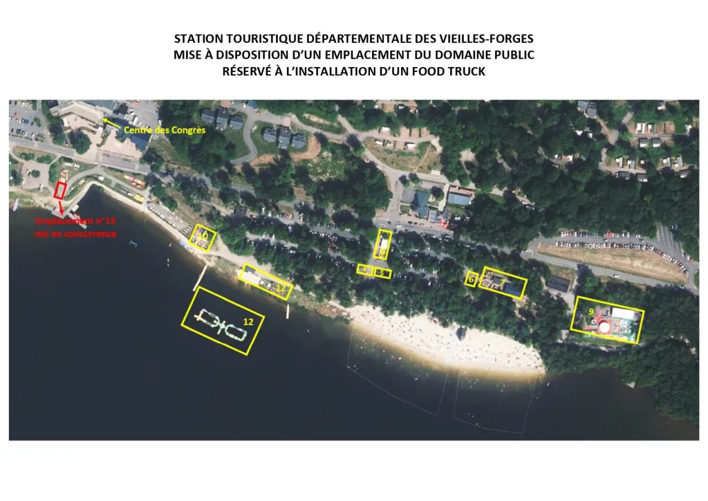 vue aérienne de la station touristique du lac des Vieilles Forges avec emplacement futur food truck