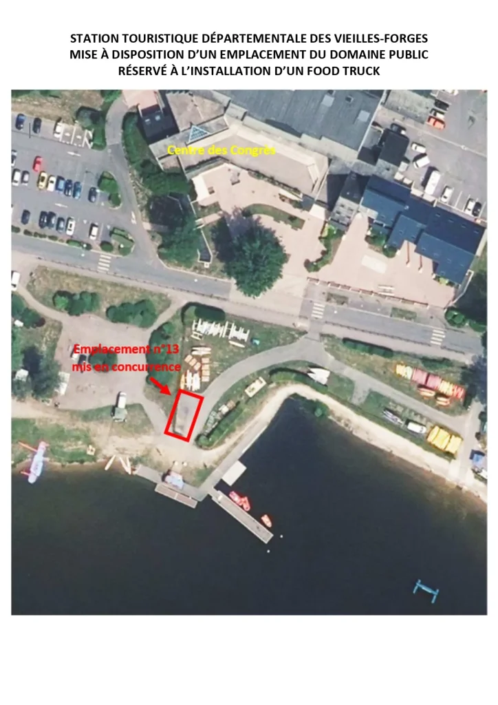 vue aérienne de la station touristique du lac des Vieilles Forges avec emplacement futur food truck
